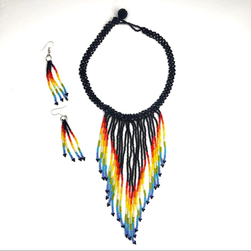 Tribal Beaded Bib Choker Necklace Set Colombian
